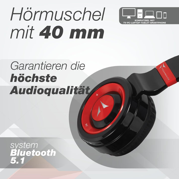 Techmade TM-046 Bluetooth-Kopfhörer – Faltbar, Over-Ear, Mikrofon, FM-Radio, SD-Karten-Slot, (rot)