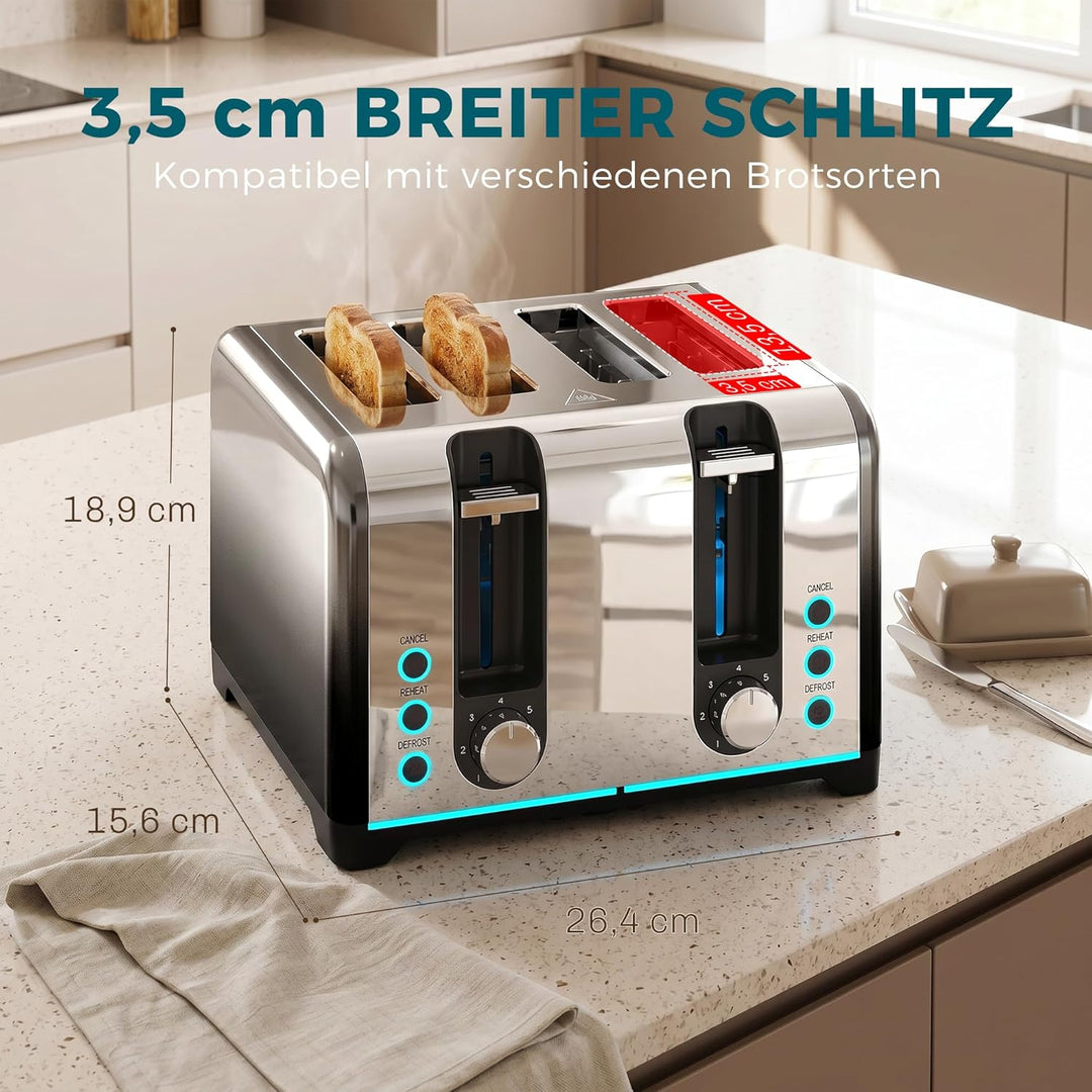 HOMCOM Toaster 4-Scheiben mit 7 Bräunungsstufen, Aufwärm-, Auftau- und Abbruchfunktion, selbstzentri
