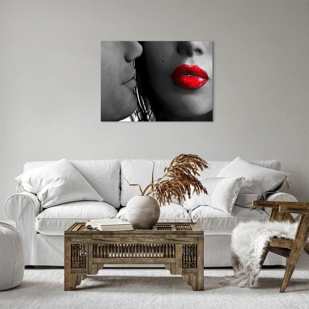 Bilder auf Leinwand Rote Lippen dunkles Haar Modell Liebe Leinwandbild 70x50cm Wandbilder Dekoration