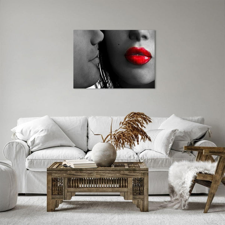 Bilder auf Leinwand Rote Lippen dunkles Haar Modell Liebe Leinwandbild 70x50cm Wandbilder Dekoration