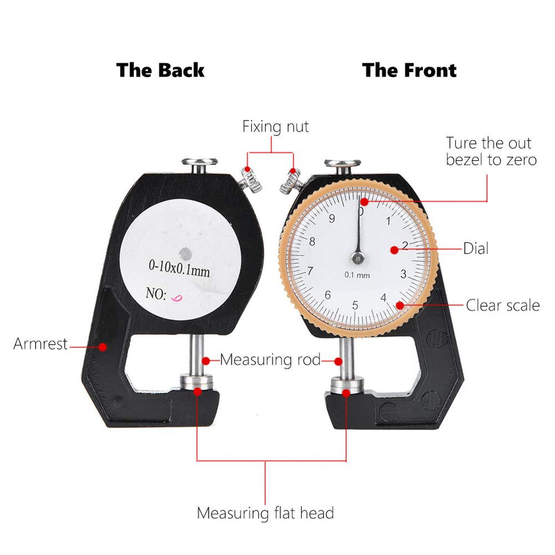 0~10mm Dickenmessgerät, Flachkopf Dickenmessgerät Zifferblatt für Ledertuch Messgenauigkeit 0,1mm