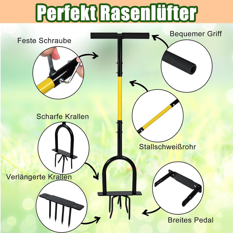 YRHome 3 in 1 Manueller Rasenbelüfter Rasenlüfter 98,5cm Aerifizierer für Rasen Multi Gartenkralle V