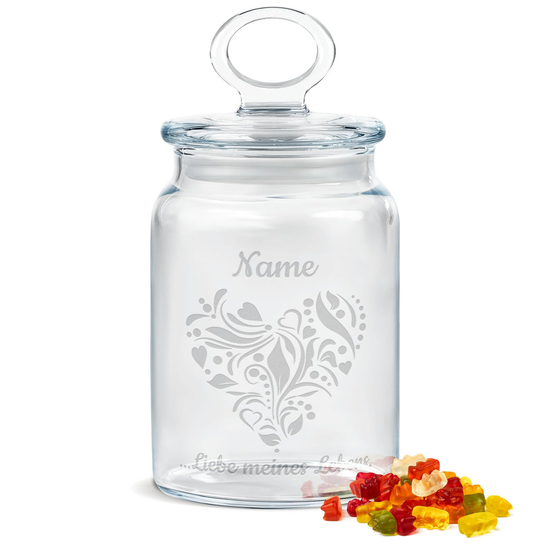 Print Royal PR Personalisierte Keksdose aus Glas mit Gravur - 800 ml - Liebe meines Lebens mit Name