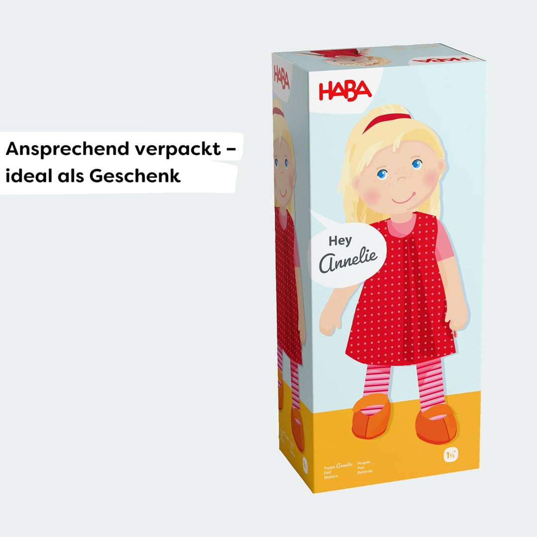 HABA 302108 - Puppe Annelie, Stoffpuppe mit Kleidung und Haaren, 30 cm, Spielzeug ab 18 Monaten Sing
