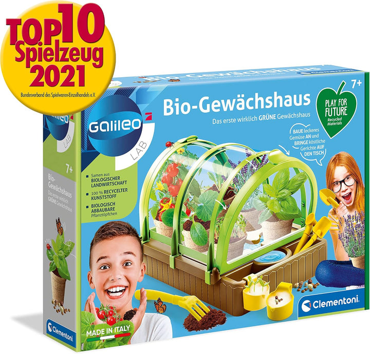 Clementoni Galileo Lab – Bio-Gewächshaus, Garten-Set aus 100% recyceltem Material, Pflanzkasten mit
