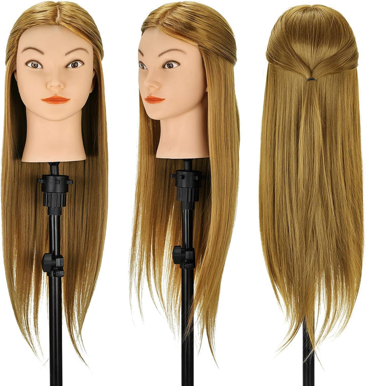 TwoWin Übungspuppe mit braunem Kopf, Echthaar, zum Flechten von Make-up, inklusive Klemmhalter, Brau