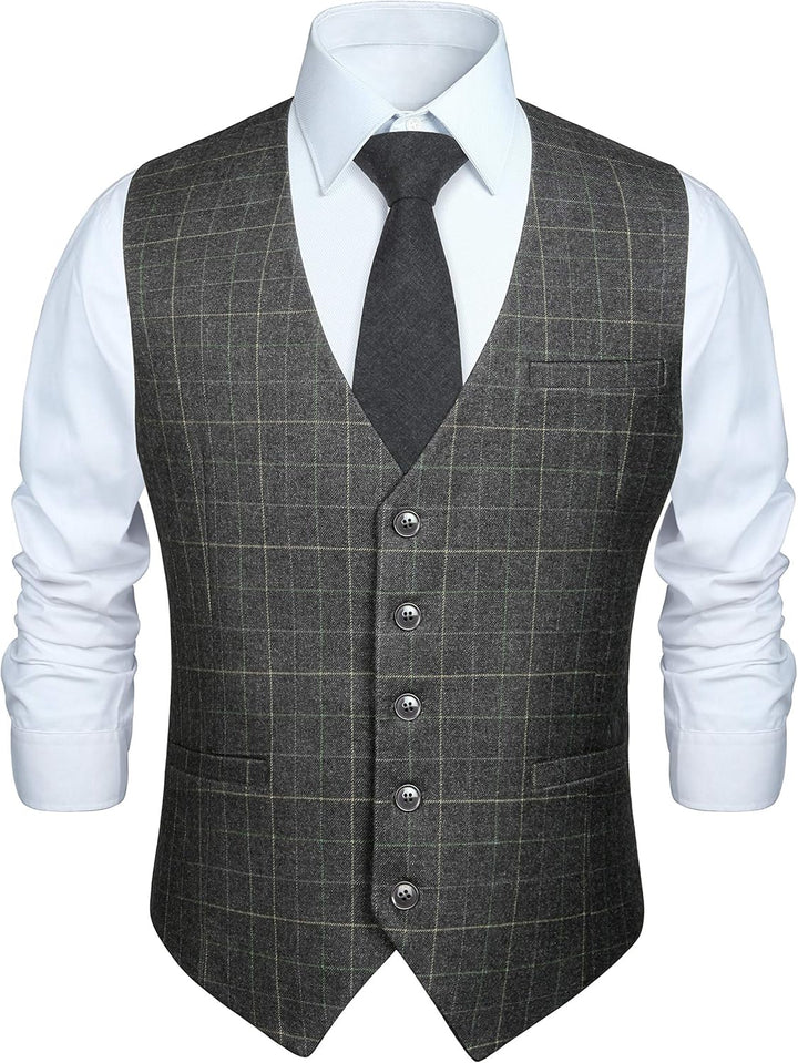 HISDERN Manner Formale Hochzeitsfeier Weste Baumwolle Plaid Kleid Anzug Weste für Herren hellgrau M,