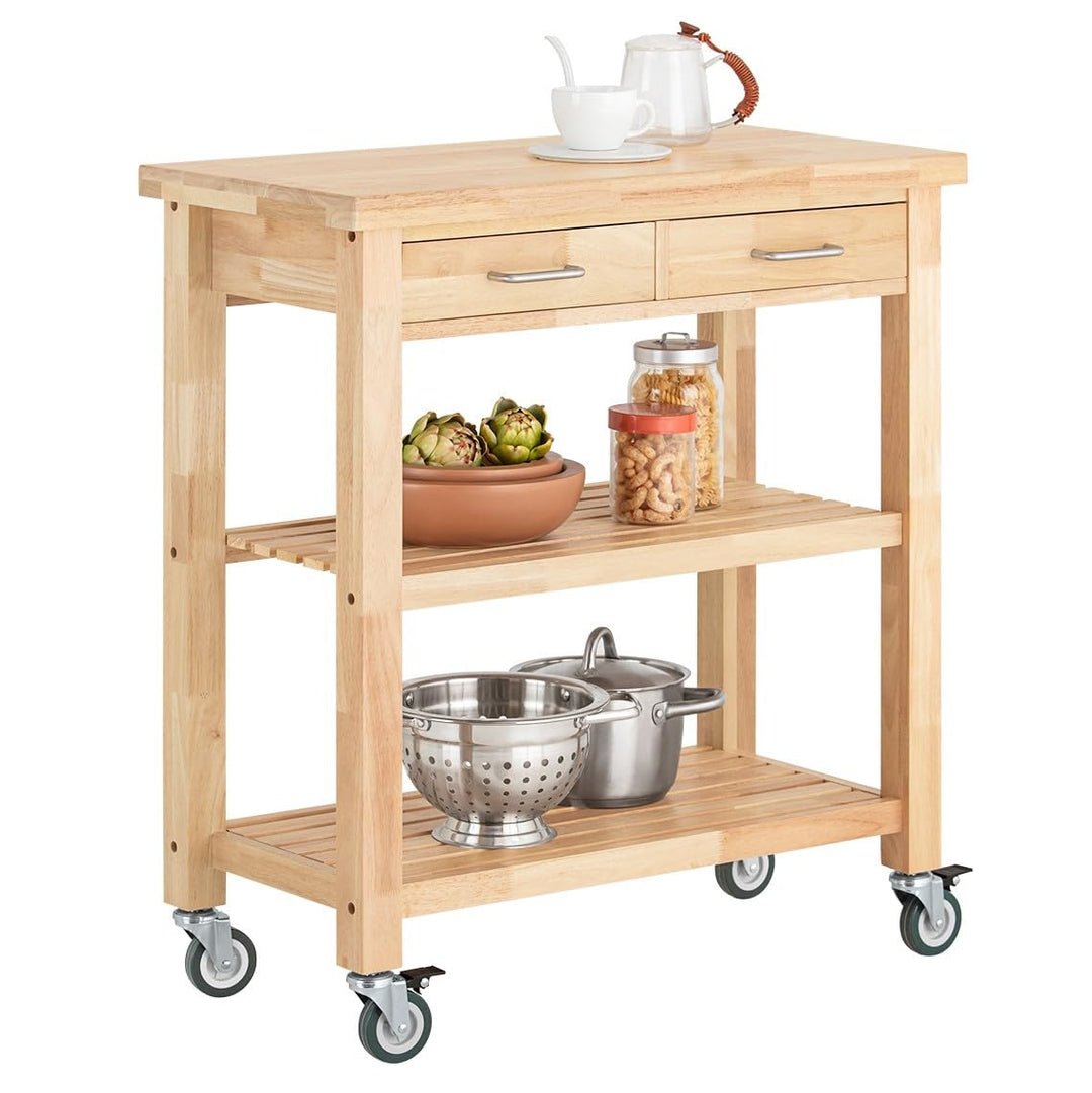SoBuy FKW24-N Servierwagen aus Gummi-Holz,Küchenwagen,Küchenregal, Rollwagen,B80xT40xH90cm, B80xT40x