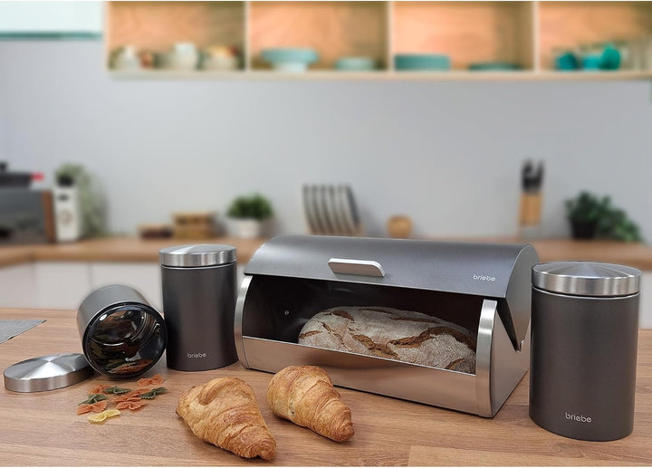 briebe Set aus Brotkasten +3 Küchenvorratsdosen Edelstahl, Brot- und Brötchenbehälter, Schiebedeckel