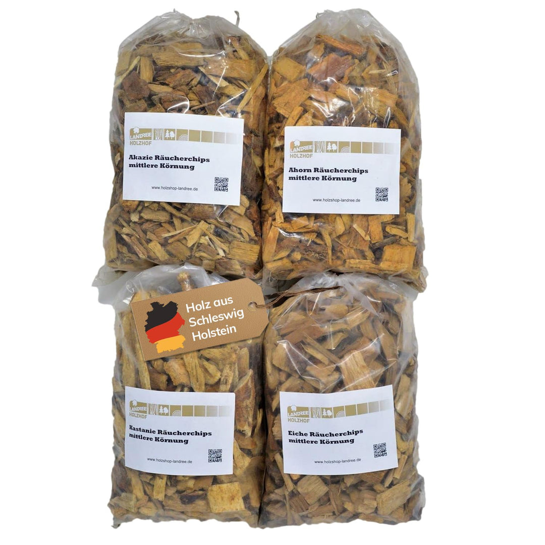 Landree® Starter-Set Räucherchips Akazie, Ahorn, Kastanie, Eiche - 4 x 2 Liter -Halbes Schwein- Wood