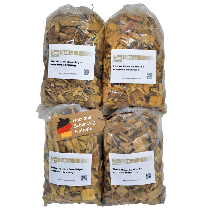 Landree® Starter-Set Räucherchips Akazie, Ahorn, Kastanie, Eiche - 4 x 2 Liter -Halbes Schwein- Wood
