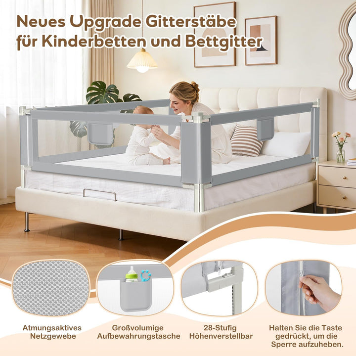 Ikodm Bettgitter für Kinder 2X 180cm und 1x 150cm, Bettschutzgitter Höhenverstellbar von 64-96cm, Ra