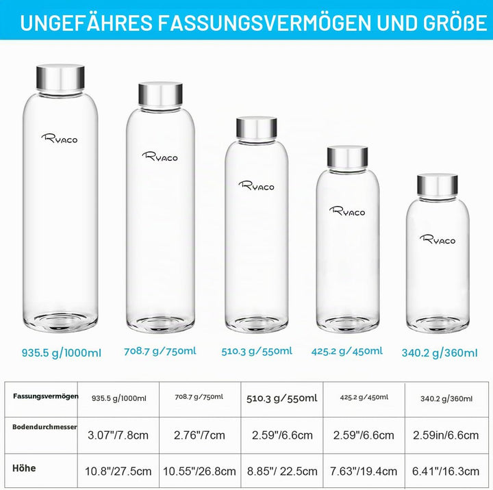 Ryaco Trinkflasche aus Glas 550ml/750ml/1000ml/1L,Glasflasche mit Neoprenhülle,Glastrinkflasche mit