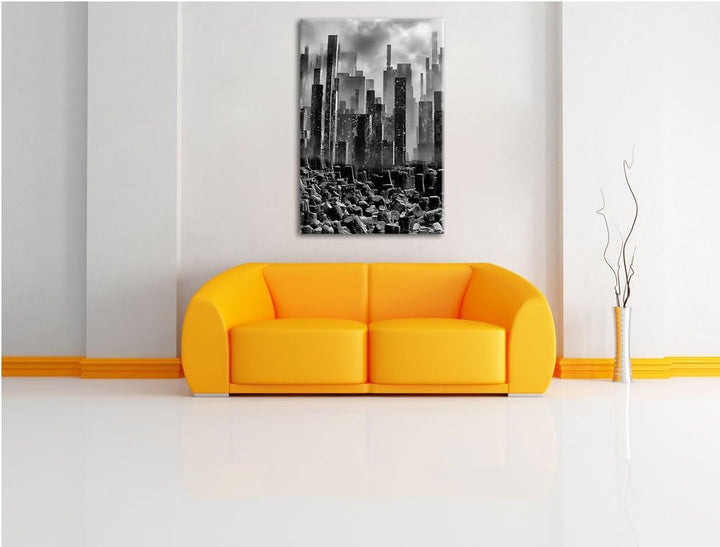 Pixxprint Stadt in Trümmern / 100x70cm Leinwandbild bespannt auf Holzrahmen/Wandbild Kunstdruck Deko
