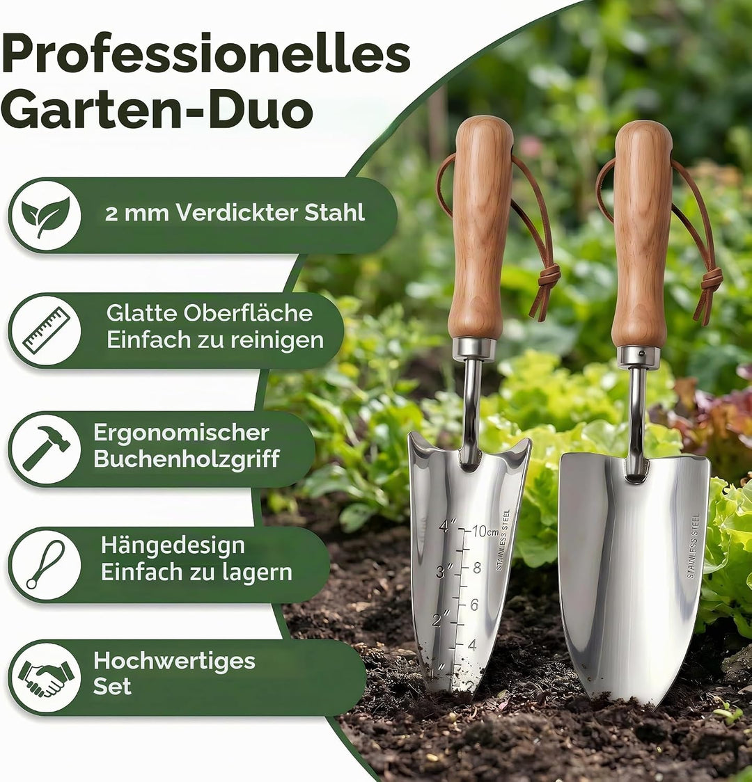 2er Gartenwerkzeug-Set Edelstahl Breiter Gartenschaufel (33x8cm) x1 und Schmaler Pflanzschaufel Mit