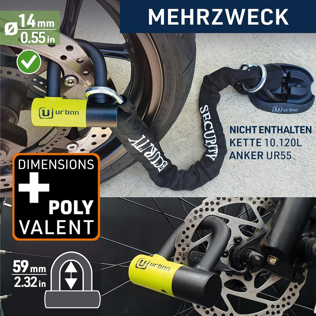 Urban UR59 Bremsscheibenschloss Mini Bügelschloss Motorrad Fahrrad Roller E Scooter Schloss, 14mm, U
