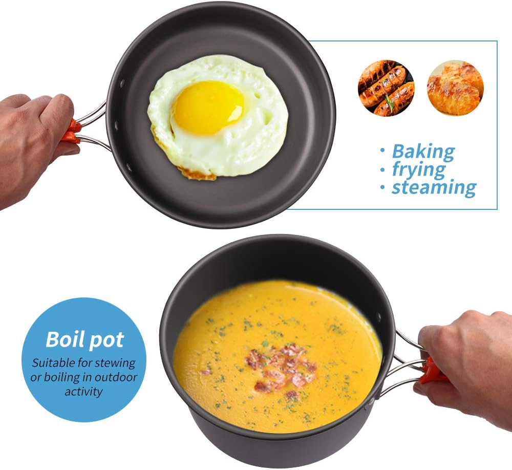 Gutsdoor Camping Kochset Geschirr-Set für 1-2 Personen, Kochset mit Tragbarem Aluminiumtopf Teekesse