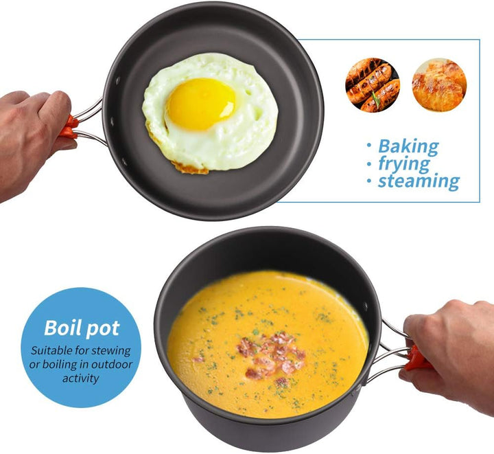 Gutsdoor Camping Kochset Geschirr-Set für 1-2 Personen, Kochset mit Tragbarem Aluminiumtopf Teekesse