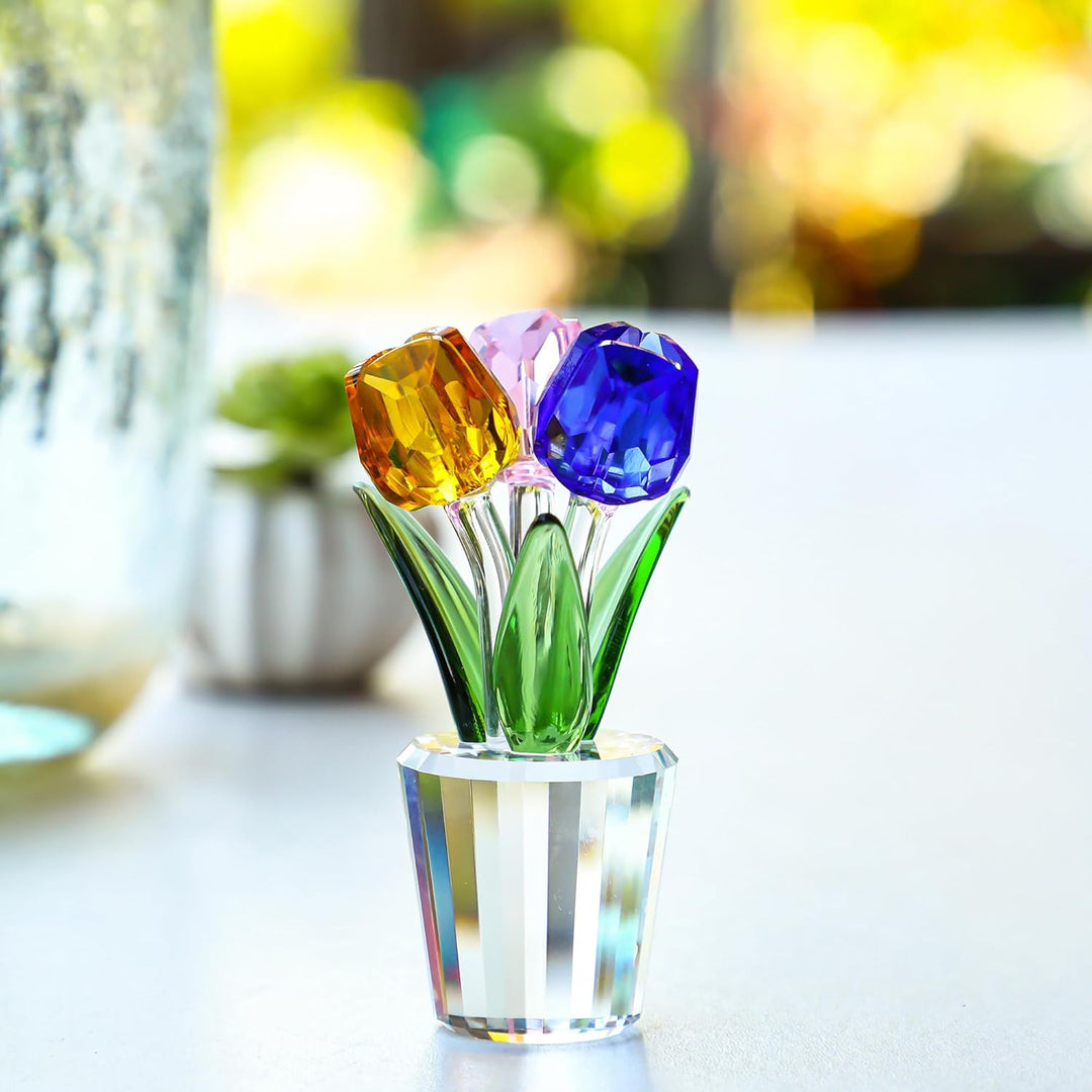 H&D HYALINE & DORA Bunte Kristall Tulpen Figur Sammlerstück, Glasblumenstrauss Briefbeschwerer, Gesc