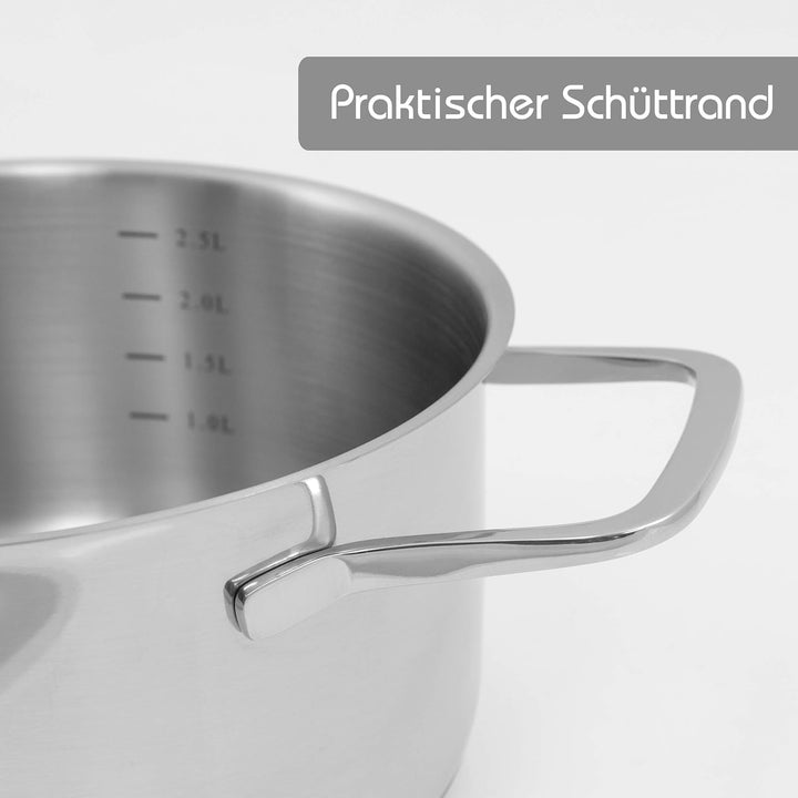 Kopf Topfset Jara aus Edelstahl I Induktions Kochtopfset mit Sichtkochdeckel & integrierter Liter-Sk