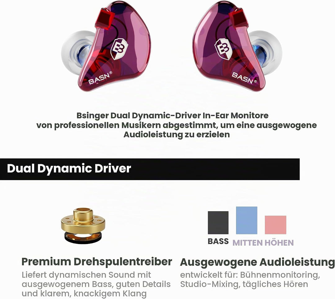 BASN Bsinger In-Ear-Monitore Geräuschisolierende Kopfhörer, Dual-dynamische Treiber High Definition
