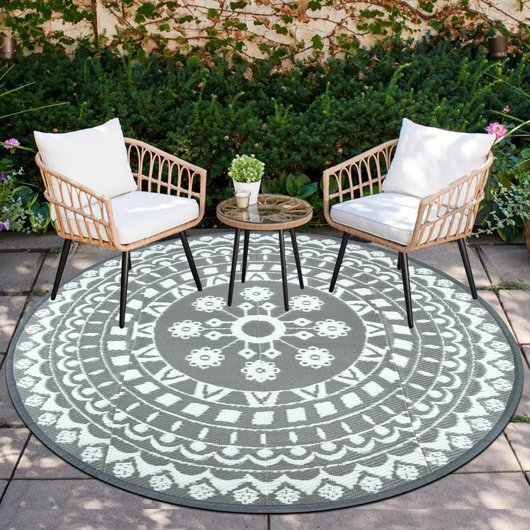 Capslpad Rund Aussenterrasse Teppich ∅180cm Wende Picknickmatte Wasserdichter Kunststoff-Strohteppic