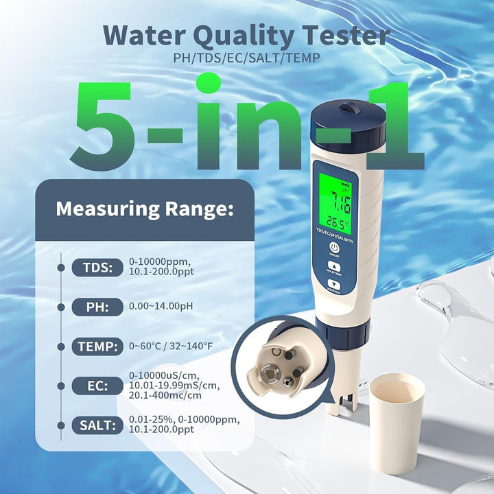 5 in 1 pH Messgerät Wasserqualität Tester – PH EC TDS Salzgehalt Temperatur Messgerät mit ATC, LCD H