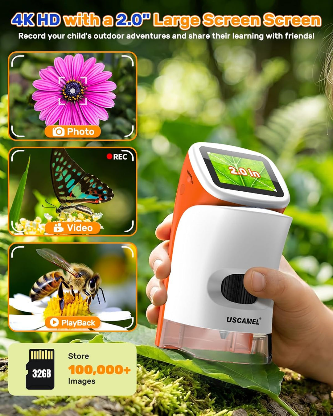 Mikroskop für Kinder mit Stand: Digitales Handmikroskop 100 – 1000 x: LCD-Display 4 K, 2,0 Zoll, USB