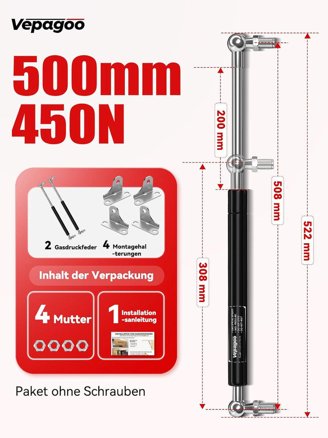 Vepagoo 500MM 450N/45KG Gasdruckdämpfer Gasdruckfeder, mit L-förmigen Gasfeder Haltern für Bootsabde