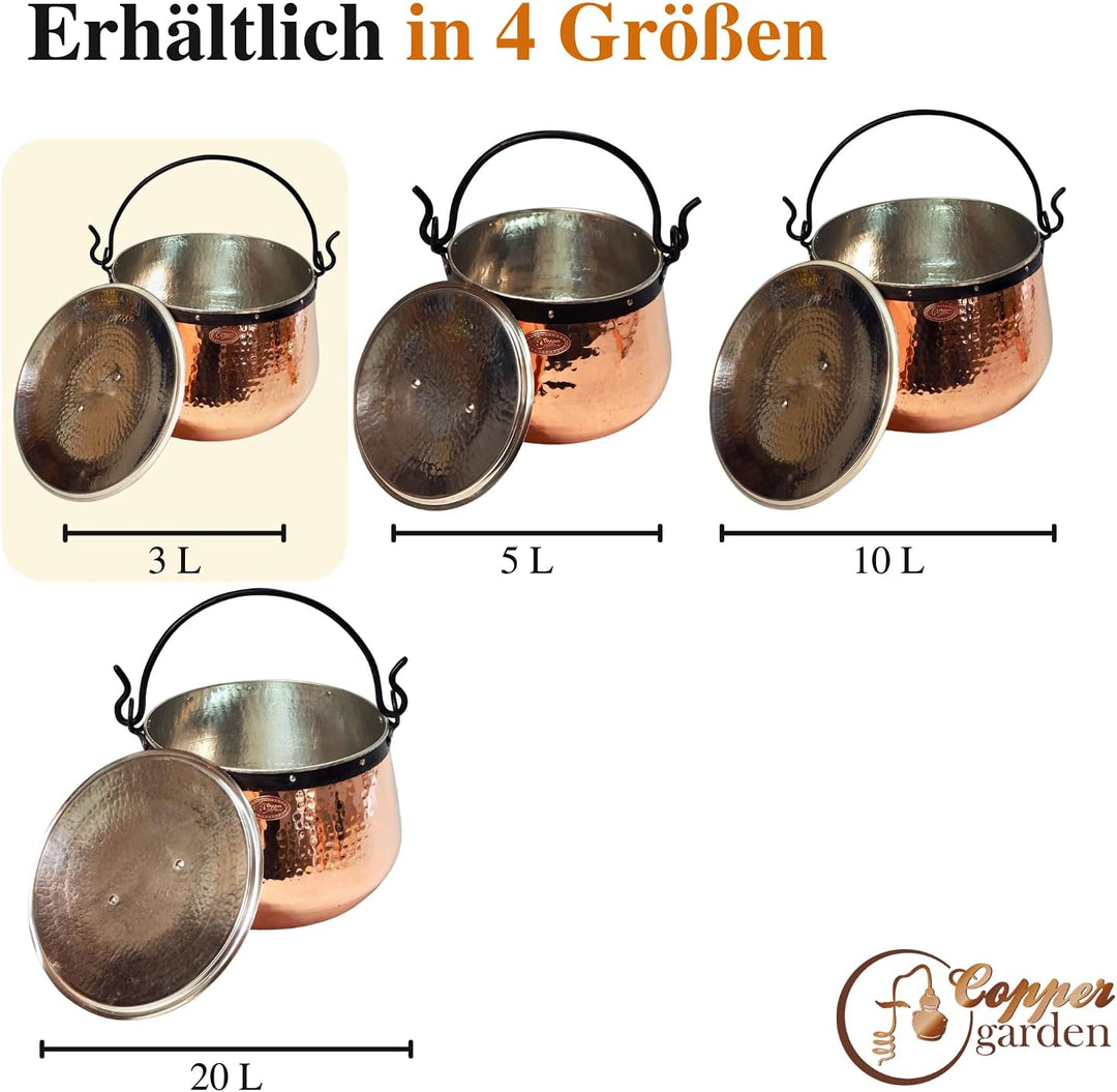 CopperGarden Kupferkessel 3 L mit Henkel + Deckel I Robuster Kessel aus verzinntem Kupfer: Ideale Wä