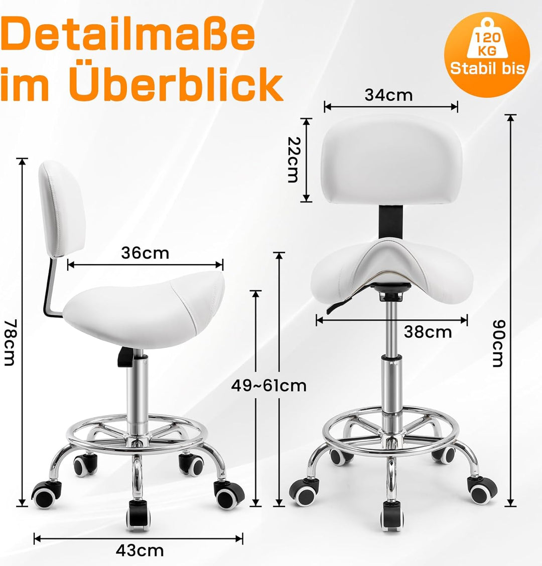 Sattelhocker mit Lehne – 360° drehbarer Hocker mit Rollen und verstellbarer Fussstütze | Sattelhocke