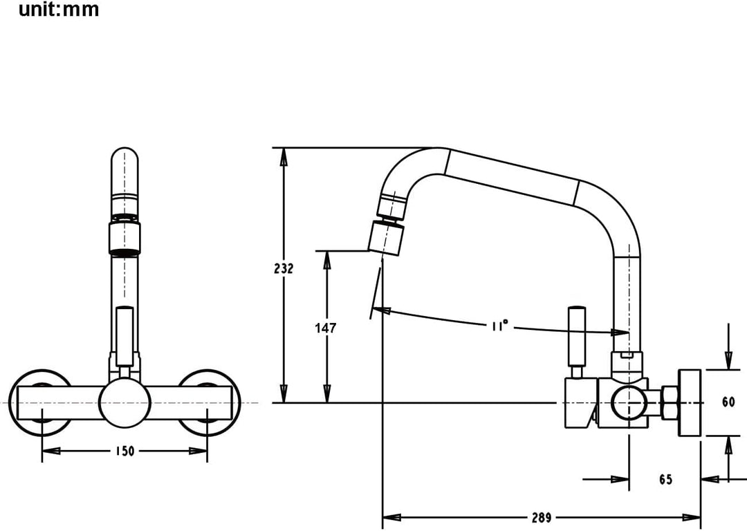 ONECE Wandmontage Wasserhahn Küche mit 2 Strahlarten, Küchenarmatur Wand Mischbatterie mit 360° dreh