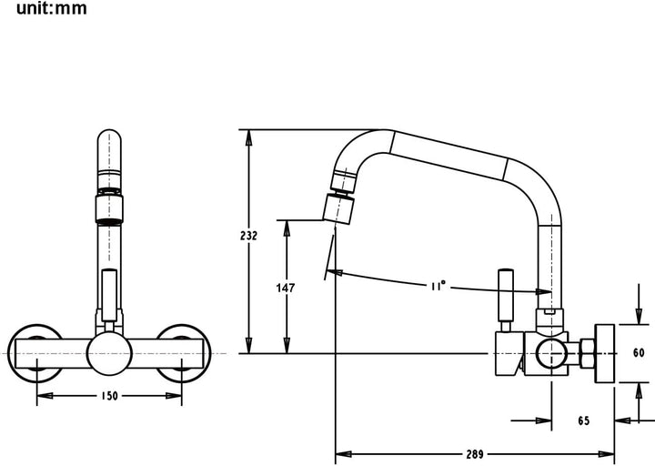 ONECE Wandmontage Wasserhahn Küche mit 2 Strahlarten, Küchenarmatur Wand Mischbatterie mit 360° dreh
