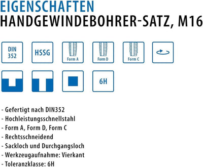 PROFI Gewindebohrer M16 Satz HSSG 3 teilig, Gewindeschneider | Vor-, Mittel- und Fertigschneider | H