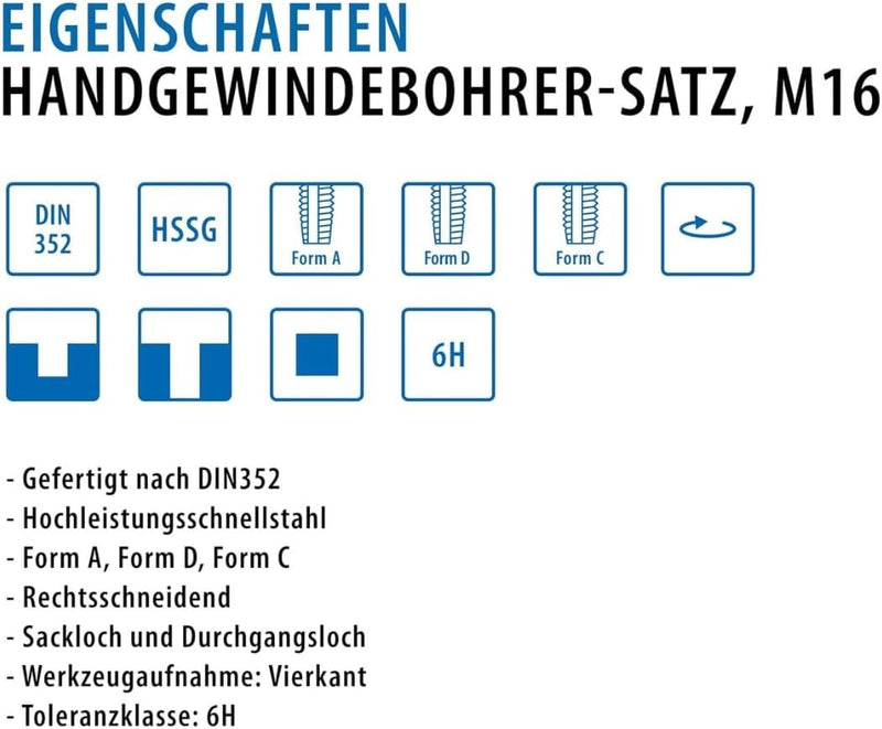 PROFI Gewindebohrer M16 Satz HSSG 3 teilig, Gewindeschneider | Vor-, Mittel- und Fertigschneider | H