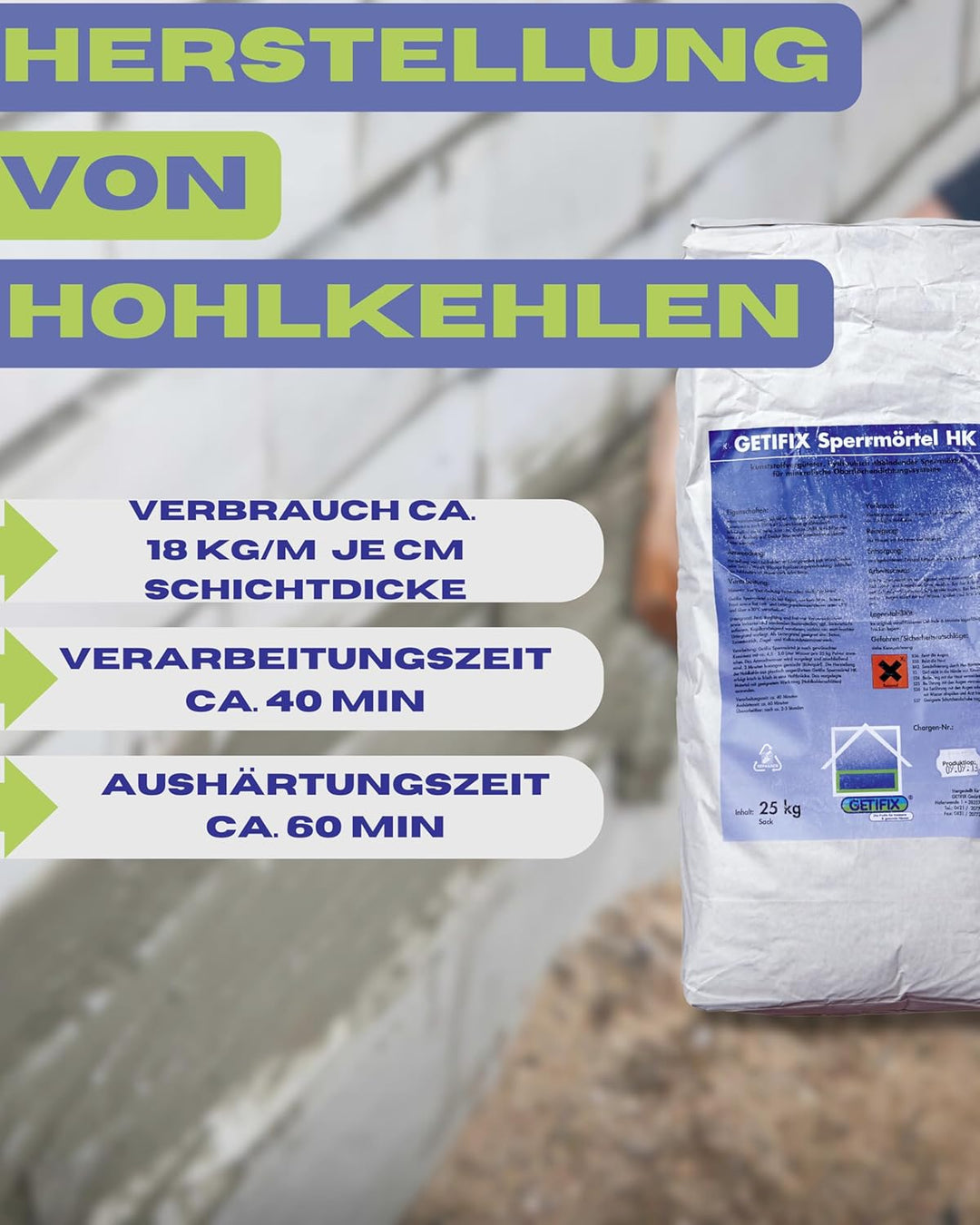 Sperrmörtel Hohlkehle 25 kg, zum Schliessen von Fugen im Mauerwerken oder Beton, Fehlstellen oder Ra