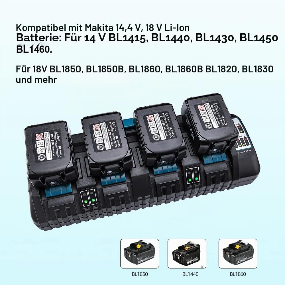 Hipoke DC18SF 4-Port Lithium-Ladegerät Kompatibel mit Makita 14,4V 18V 20V Akku BL1430 BL1450 BL1440