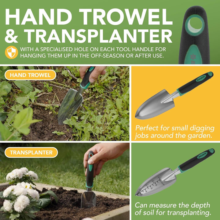 BLOSTM Gartenwerkzeug-Set, 11-teilig, robustes Gartengeräte-Set mit wasserdichter Tragetasche, rostf