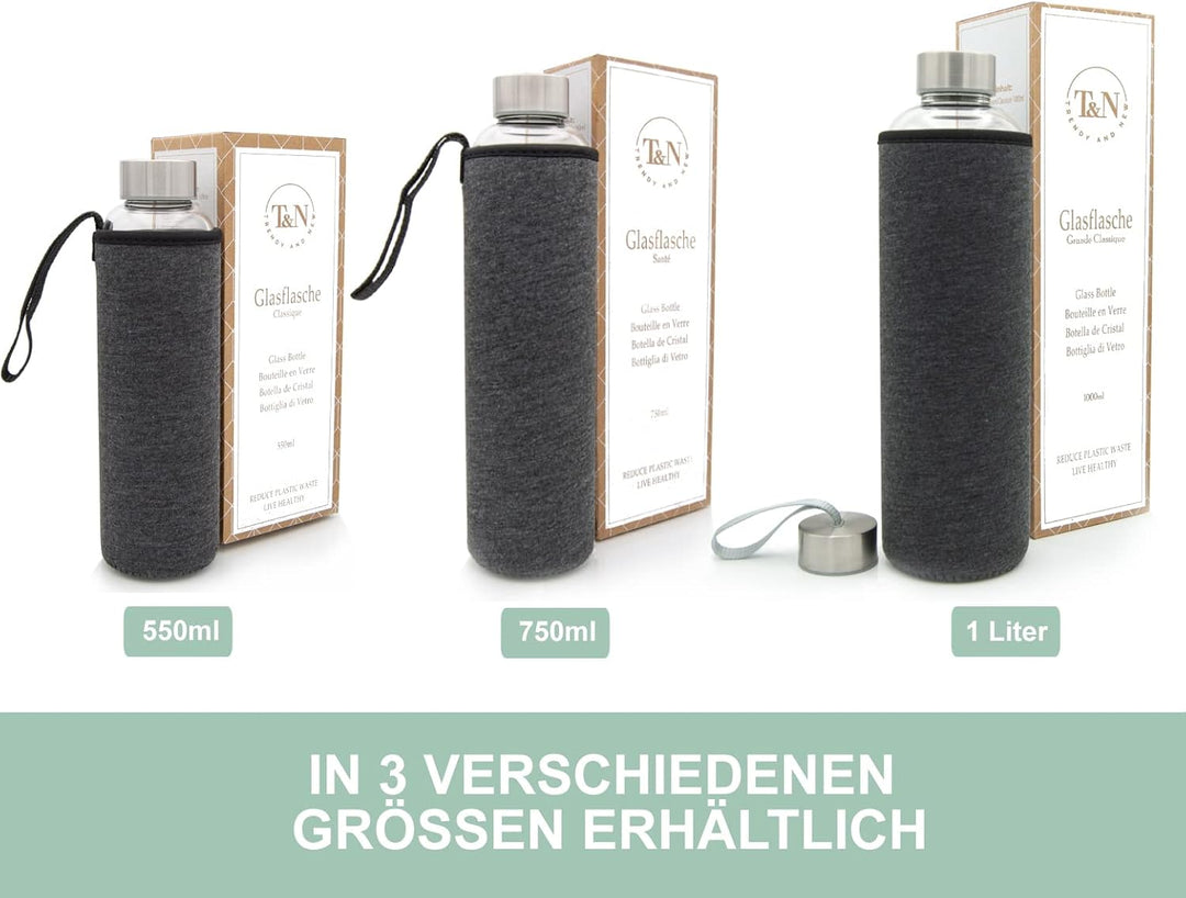 T&amp;N Glasflasche 1 Liter / 750ml / 500ml – Trinkflasche Glas 1l mit Neoprenhülle – Wasserflasche Ausl