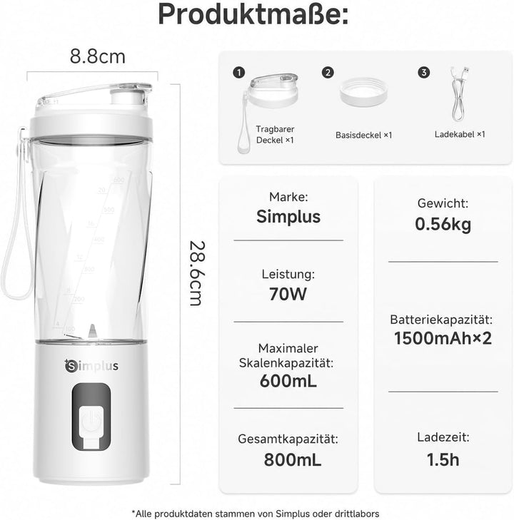 SIMPLUS Tragbarer Mixer 800ml Smoothie Maker To Go, USB-C Mini Mixer mit 6 Edelstahlklingen, kabello