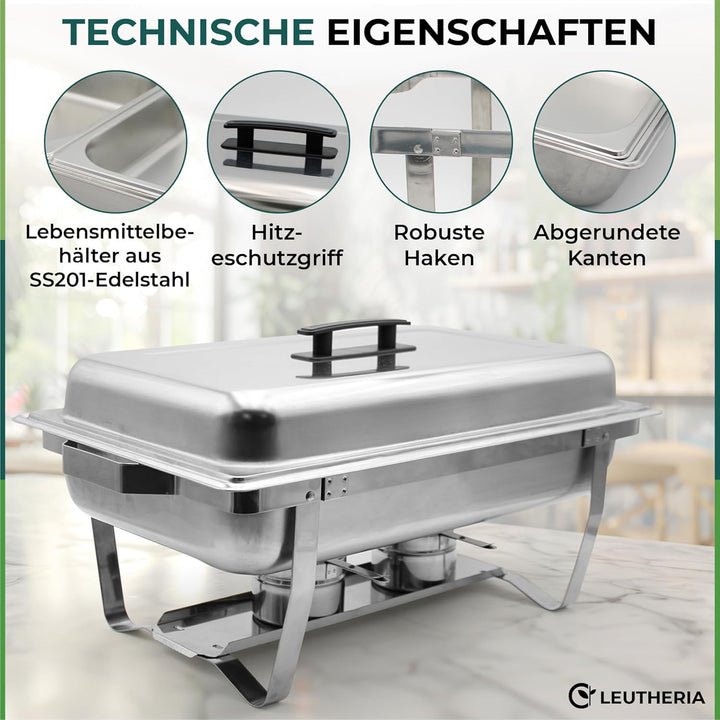 Set mit 4 Speisenwärmern LEUTHERIA - Chafing Dish aus lebensmittelechtem Edelstahl für Buffet/Profes