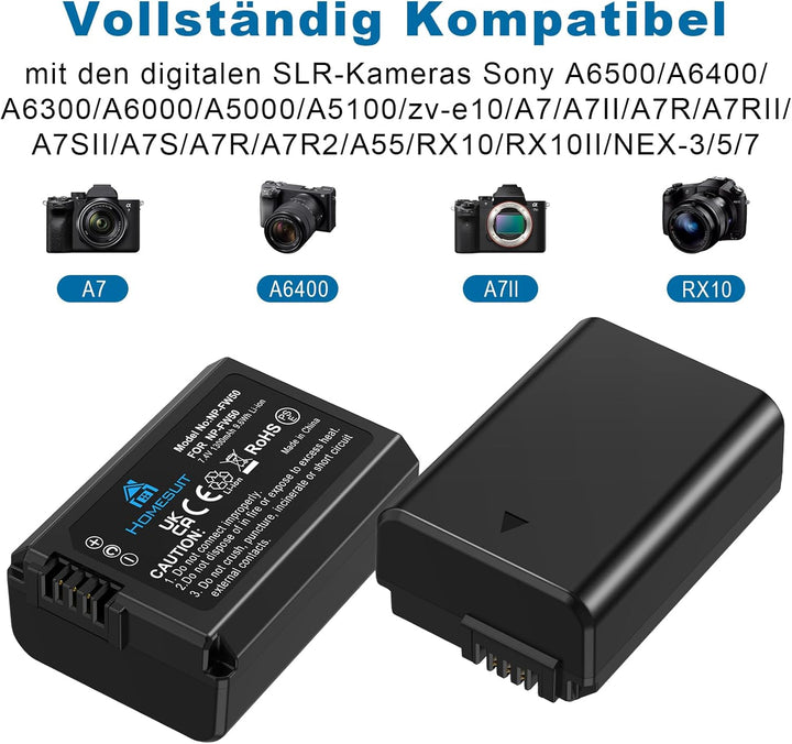 Homesuit NP-FW50 Akku 1300mAh und USB LCD Ladegerät Kit für Sony ZV-E10 A6000 A6300 A6400 A6500 A510