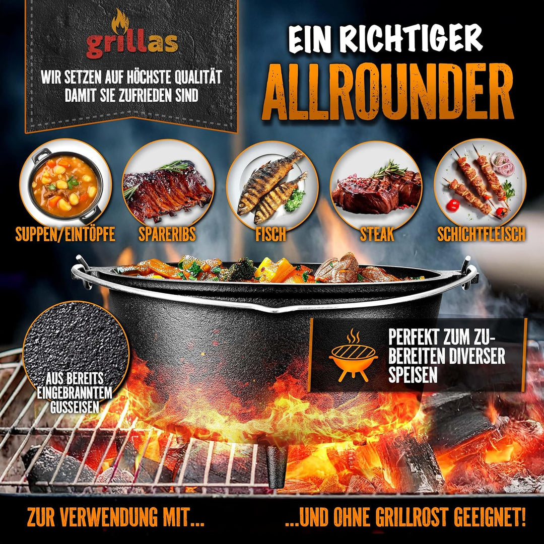 grillas Dutch Oven Set inkl. Rezeptideen | bereits eingebrannt - preseasoned | Feuertopf Gusseisen I