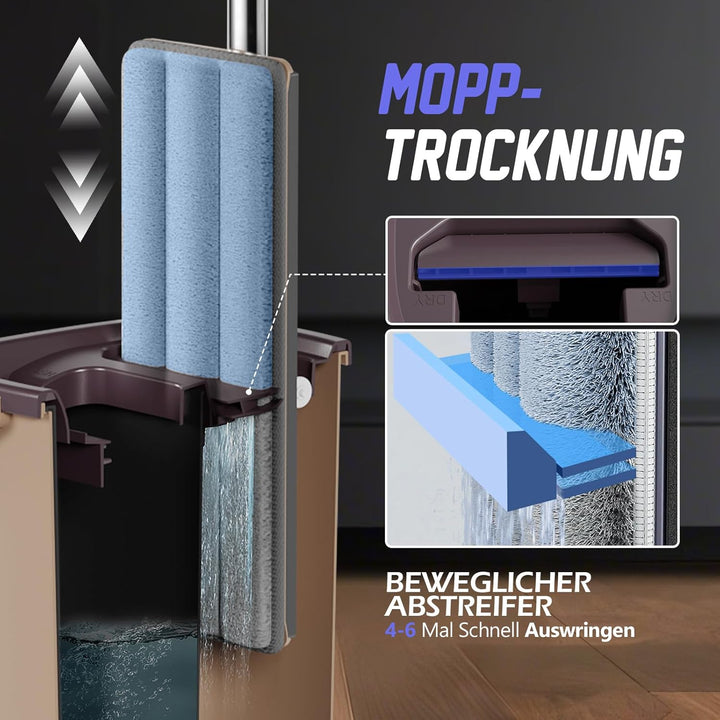 Masthome Bodenwischer mit Eimer Set, Putzeimer und Flacher Mopp Set mit Langem Griff aus Edelstahl u