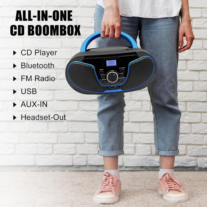 Tragbar CD Player Boombox Bluetooth - mit UKW Radio, USB Eingang & AUX & Kopfhörern Ports, 2 x 2 Wat