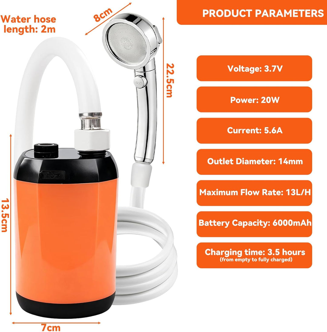 Tragbare Campingdusche, 6000mAh Campingdusche mit Pumpe, 6000mAh Akku und Temperaturanzeige, Mobile