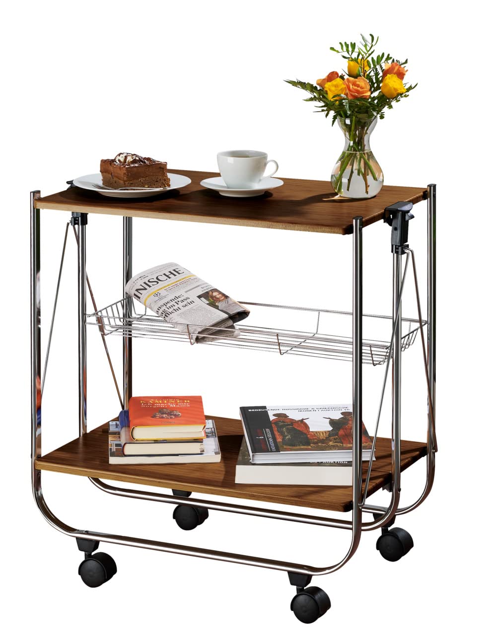 WENKO Servierwagen Dinett Deluxe Walnuss - zusammenklappbar, Ablagekorb, MDF, 68 x 70 x 40.6 cm, Bra