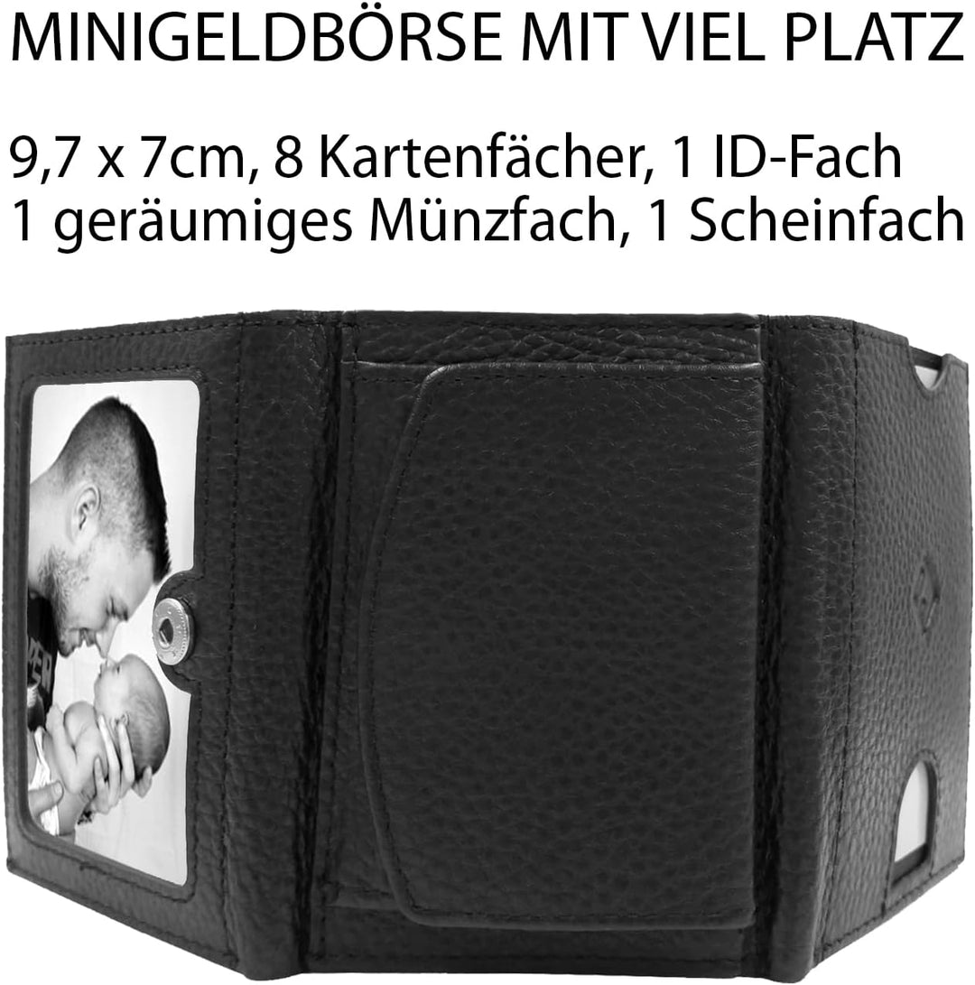 Mini Geldbörse Herren, Reise Portemonnaie, klein viele Fächer, Leder schwarz, RFID Blocker, Münzfach