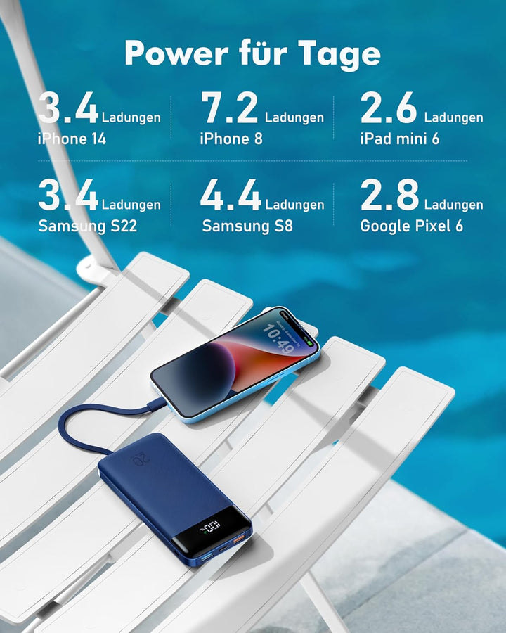 Power Bank, 22,5W Powerbank 20000mAh mit USB-C Kabel und LED-Display, PD3.0 QC4.0 Externe Handyakkus