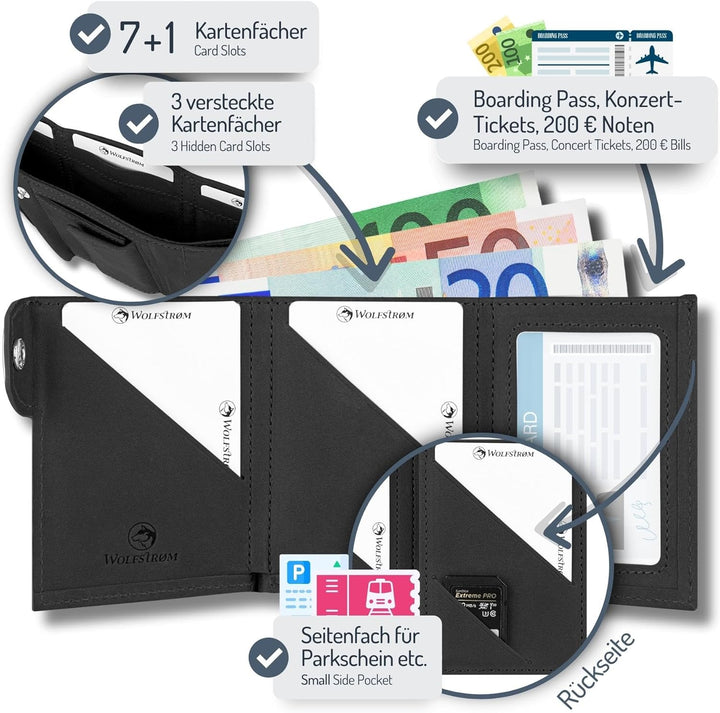 Wolfstrøm Slim Wallet mit Münzfach 'Ludvig' I 7+1 Karten Mini Geldbörse Herren klein, RFID Blocker I
